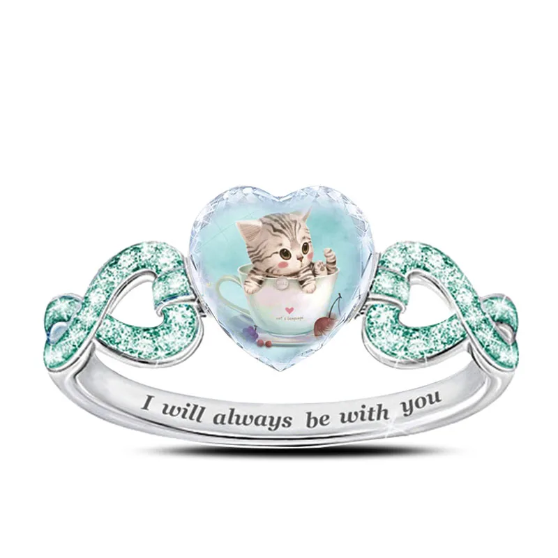 

Fashion birthday gift cute cat ring green gem ring girl