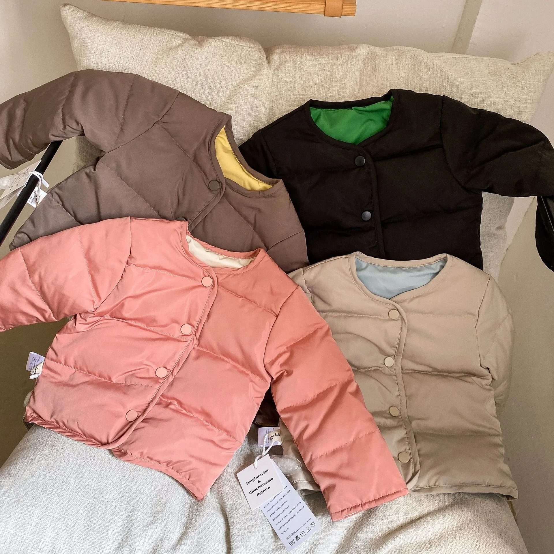 

B63482A High quality Single Button crew collar kids loose winter jackets, Pink/black/rice/coffee