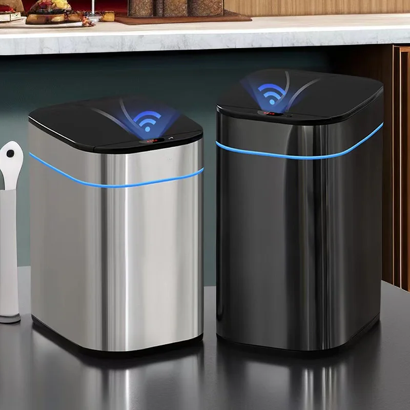 

Stainless Steel Trash Can High-Capacity Garbage Bin Automatic Sensor Touch Free Smart Waste Bins for Bathroom Bedroom