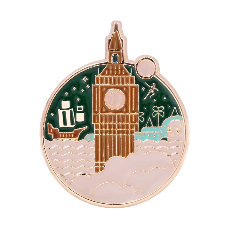 

Exquisite Cartoon Sea Clock Building Brooch Romantic Round Castle Brooch Ladies Suit Canvas Bag Decorative Gifts
