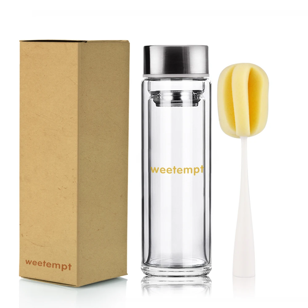 

High quality double wall glass water bottle borosilicate bamboo lid or metal lid glass tea bottle with sleeve custom logo, Customized color