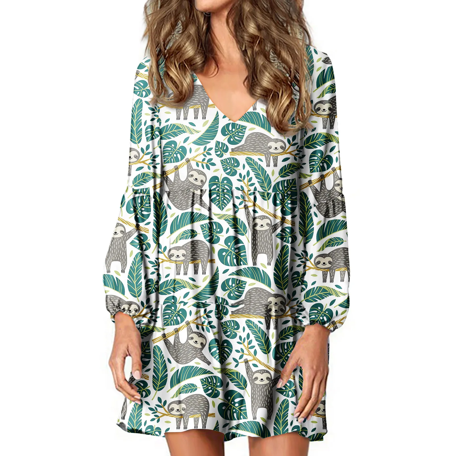 

Womens Plus Size Dress Women 3d Print Knee-length V-neck Lantern Sleeve Dress Loose Casual dresses