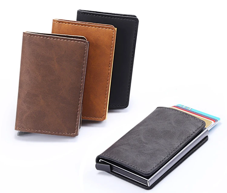 

Best selling mens vintage style pu leather rfid blocking automatic metal card holder pop up case wholesale