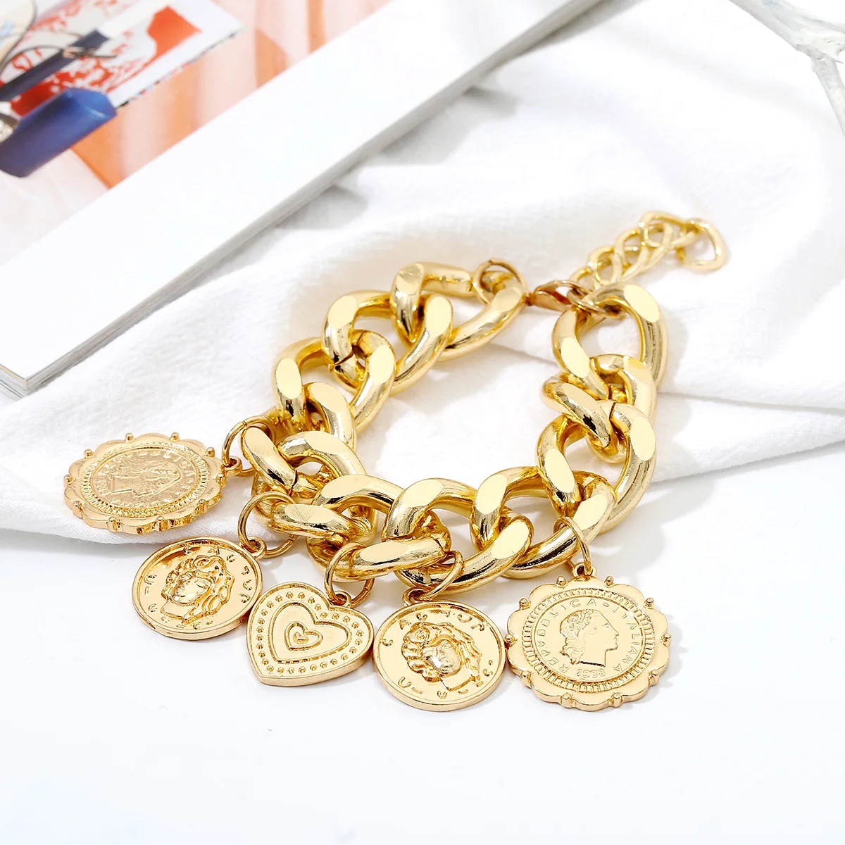 

Hot Selling New Arrival 18K Gold Plated Cuban Link Chain Bracelet Punk Style Coin Heart Charm Medal Statement Bracelet, Gold color