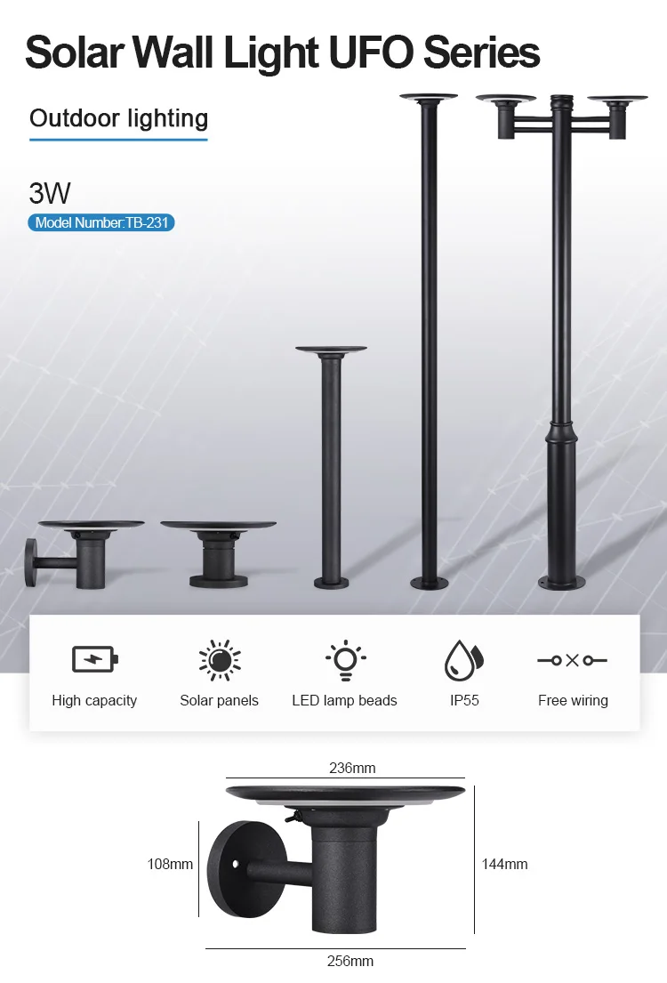 China Manufacturer Monocrystalline Silicon 3W Aluminum IP65 Waterproof Garden Main Gate Fence Outdoor Led Solar Wall Light