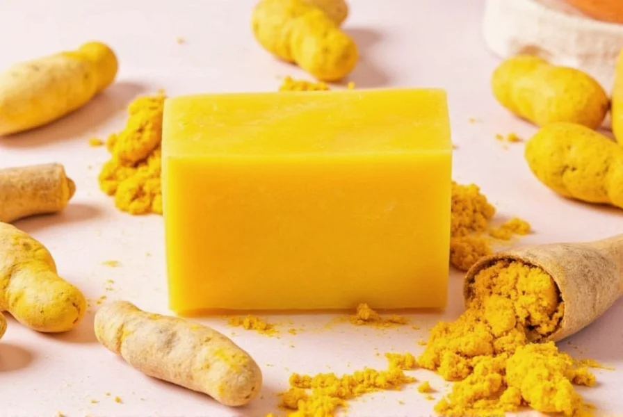 Turmeric root and turmeric soap bar showing natural golden color