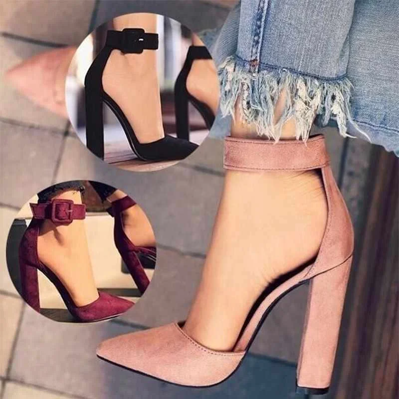 

2021 Fashion Big Size Thick Heel High Heels Pointed Single Shoes Women