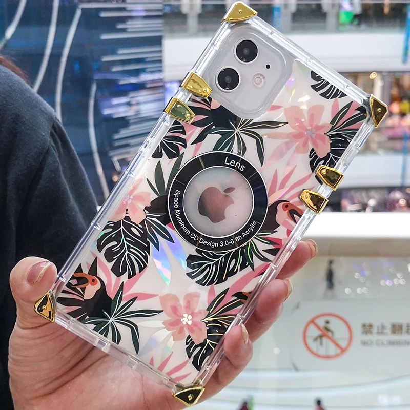 

Custom Newest Fashion Design Flower Pattern Transparent Square TPU Phone Case Back Cover for iPhone 6 7 8 x xs 11 12/12 pro max