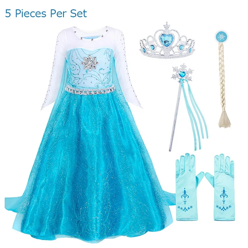 

Girls Dresses Elsa Princess Costume Cape Birthday Party Queen Halloween Cosplay Long Sleeve Snowflake Wand Wig Accessories Set, Light blue