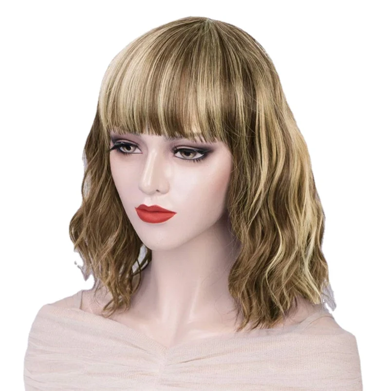 

Dropshipping New Fashion Women Bob Cut Short Curly Hair Wig Air Bangs Hairpiece Synthetic Golden Brown Hair Head Cover