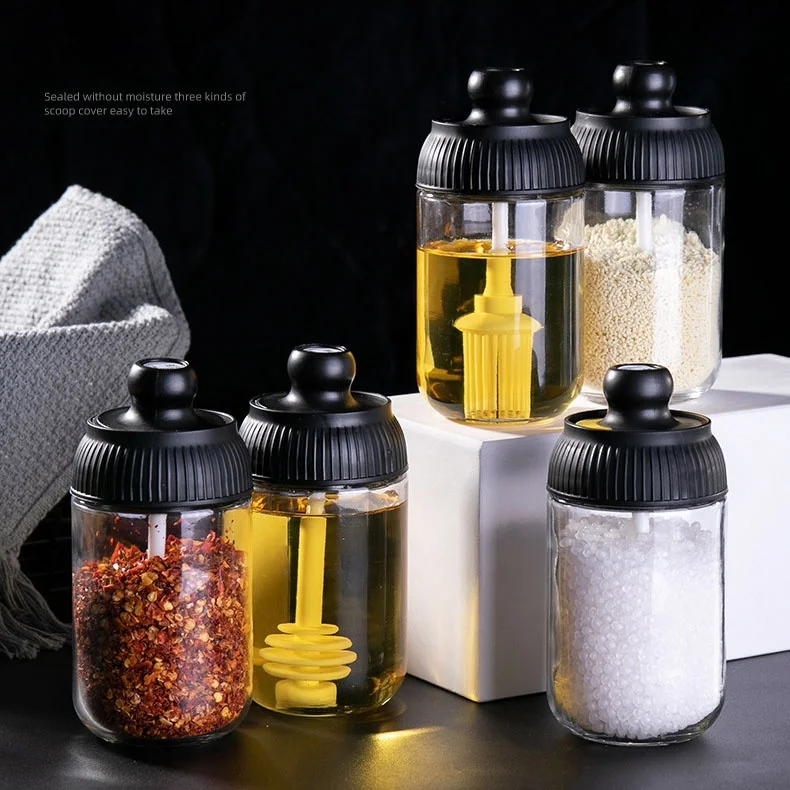 

Glass Seasoning Salt Bottle Glass Salt and Pepper Shaker Spice Bottle Jam Spice Jar Container with Spoon Brush, Clear