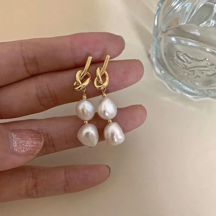 

G983 Jewelry Gold Knot Pearl Drop Earrings Freshwater Pearls Earring Women Vintage Baroque Pearl Earrings