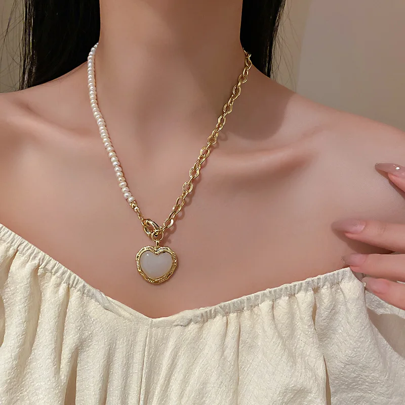 

Vintage Gold Plated Freshwater Pearl Chain Heart Pendant Necklace Big Ivory Opal Gemstone Insert Heart Necklace