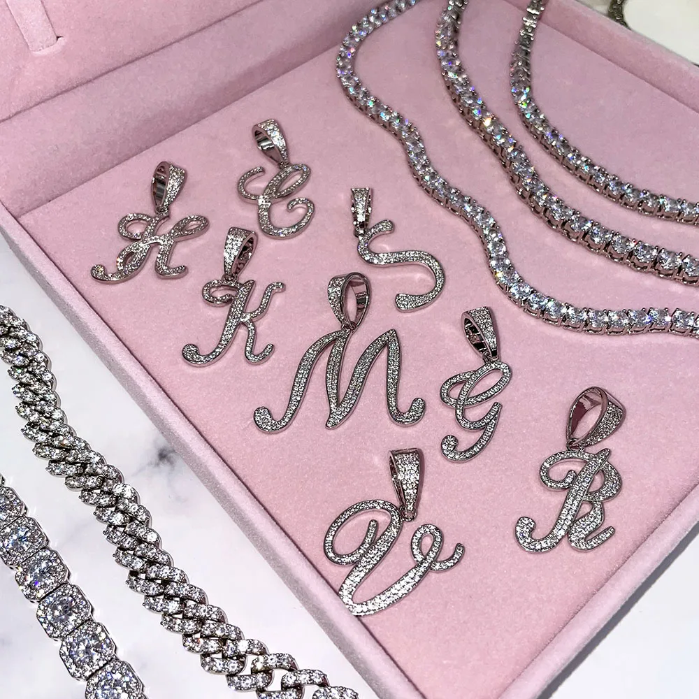 

iced out cz diamond cursive letter necklace