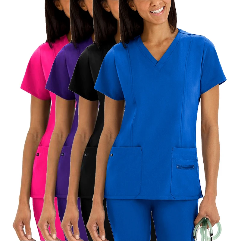 

Hot Selling Hospital Scrubs Uniforms Set, Stylish Reusable Hospital Uniforms Wholesale Short Sleeve Scrub Sets for Hospital, Blue, pink