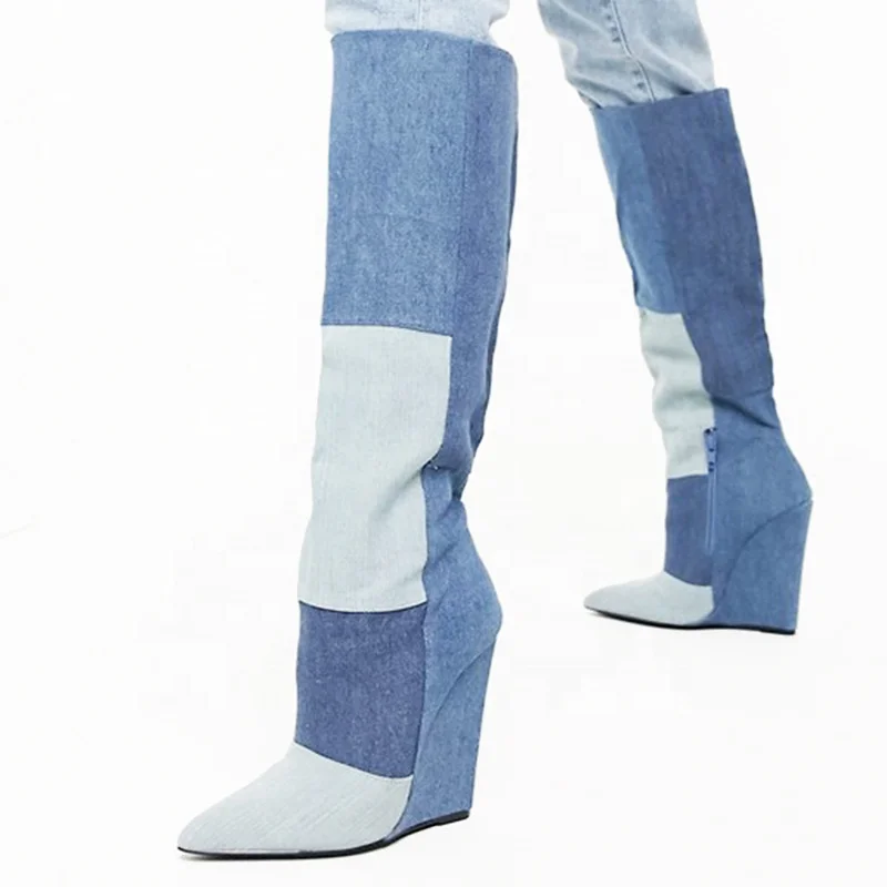 

Color Block Denim Upper Large Size 46 Pointed Toe High Wedge Heel Women Long Booties Side Zip Daily Home Knee High Women Boots, Blue