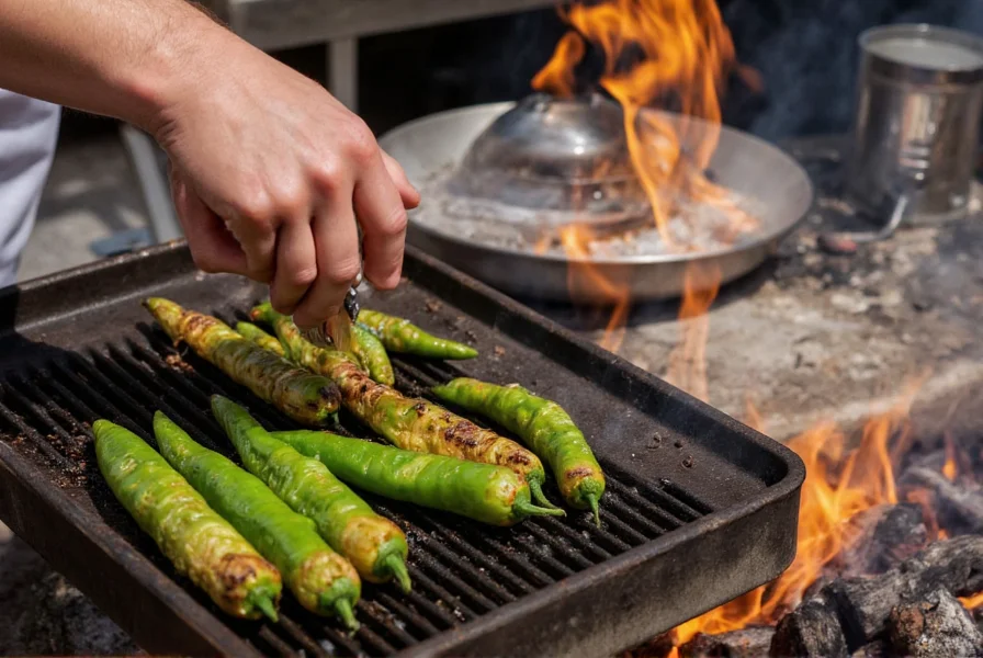 Chef roasting poblano peppers over open flame with proper technique