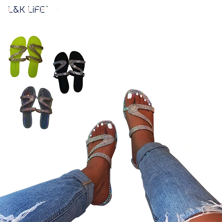 

2021 new fashion ladies women designer beach slippers crystal sandals slippers, Pink, blue, glod, colorful, white