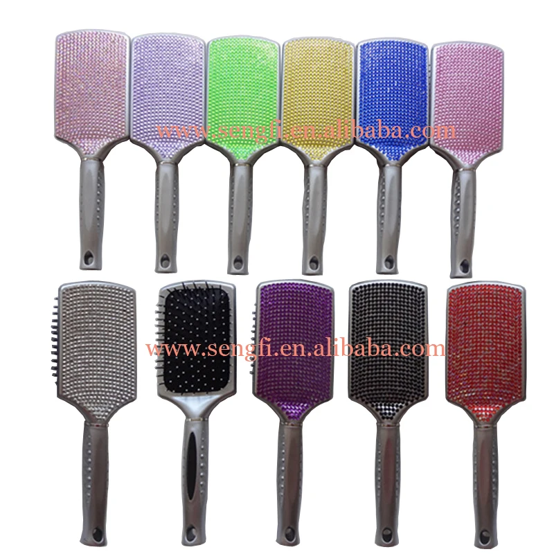 

OEM Private Label Bling Crystal Detangling Bristle Home Appliance Salon Use Hair Styling Straightener Brush, Yellow blue pink black and custom color