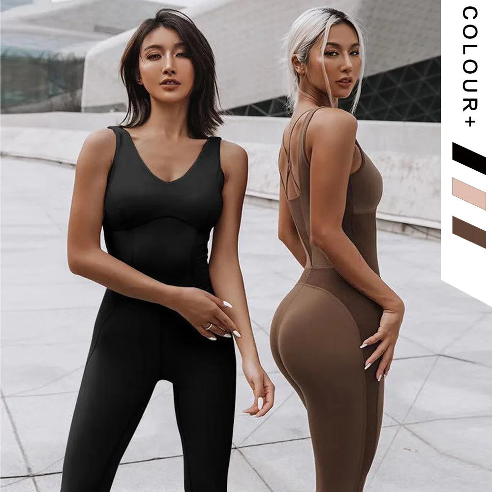 

wholesale one piece yoga fitness set Stretch Backless Yoga Sportswear Cross Back V Neck Sleeveless Women Workout Jumpsuits, Rosy mauve,brown,black