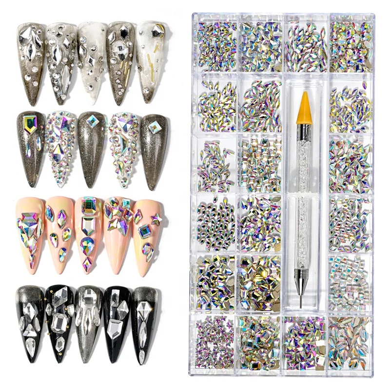 

2021 amazon hot seller nail art accessories different shapes and sizes mixed flat back nail rhinestone box with wax dotting pen, Many colors nail art rhinestone