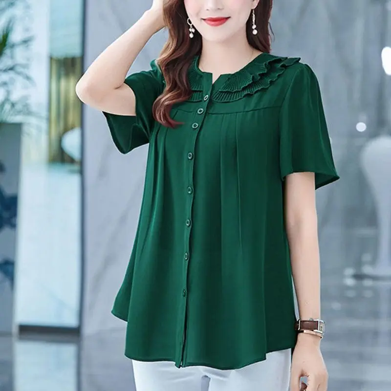 

Cheap price chiffon tops mature ladies sample blouse solid double lace collar woman blouses loose wear chiffon blouse with bow, Picture color