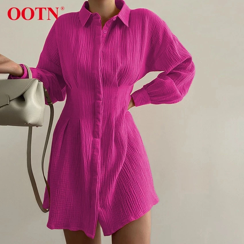 

OOTN Office Lady Classic Dress Rose Pink Long Sleeve Pleated Shirt Fit And Flare Dress Fashion Women Bodycon Cotton Dress