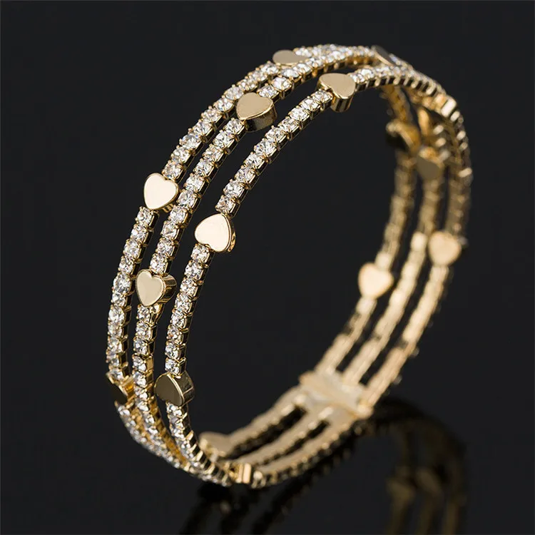 

Creative rhinestone bracelet female full diamond love handmade three rows elegant temperament bracelet exquisite workmanship, Silver,gold or custom
