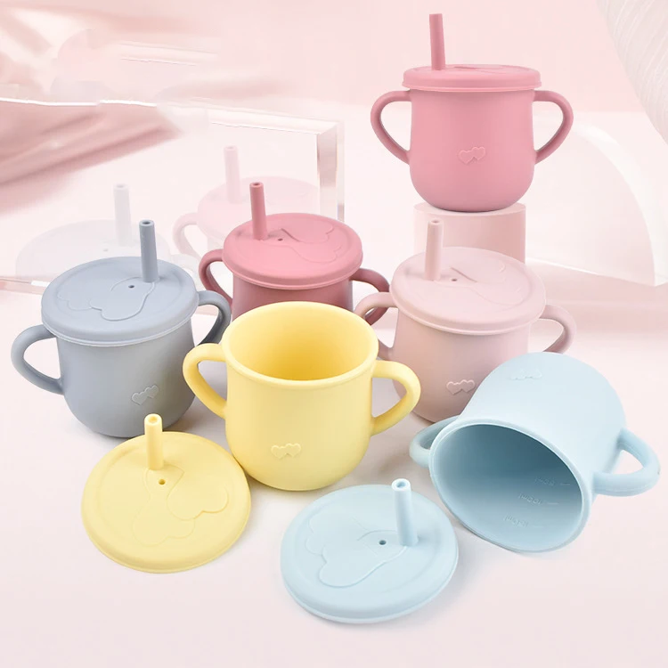 

Portable Anti-fall Dishwasher Safe Kids Toddler Baby Reusable Training Silicone Water Drinking Sippy Cup With Straw and Handle