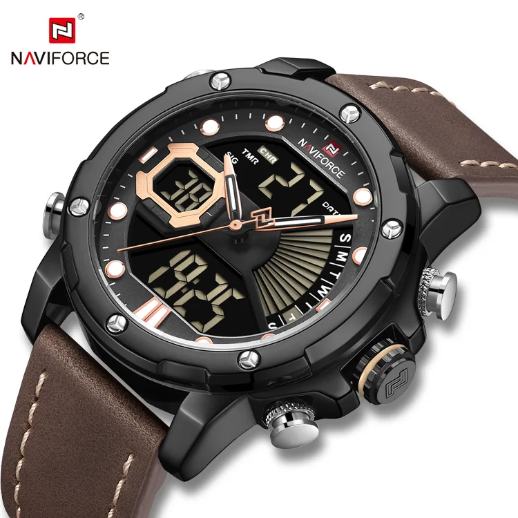 

Luxury Brand NAVIFORCE 9172 Mens Watches Leather Quartz Wristwatch LCD Digital Sport Luminous Waterproof navy, Bybn
