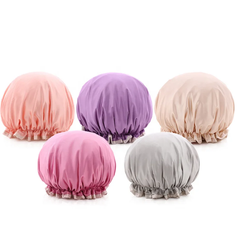 

PEVA Creative Adult Woman Waterproof Smooth Shower Hat Pure Color Lovely Contracted Double Bath Hat, Champagne/pink/purple/rose