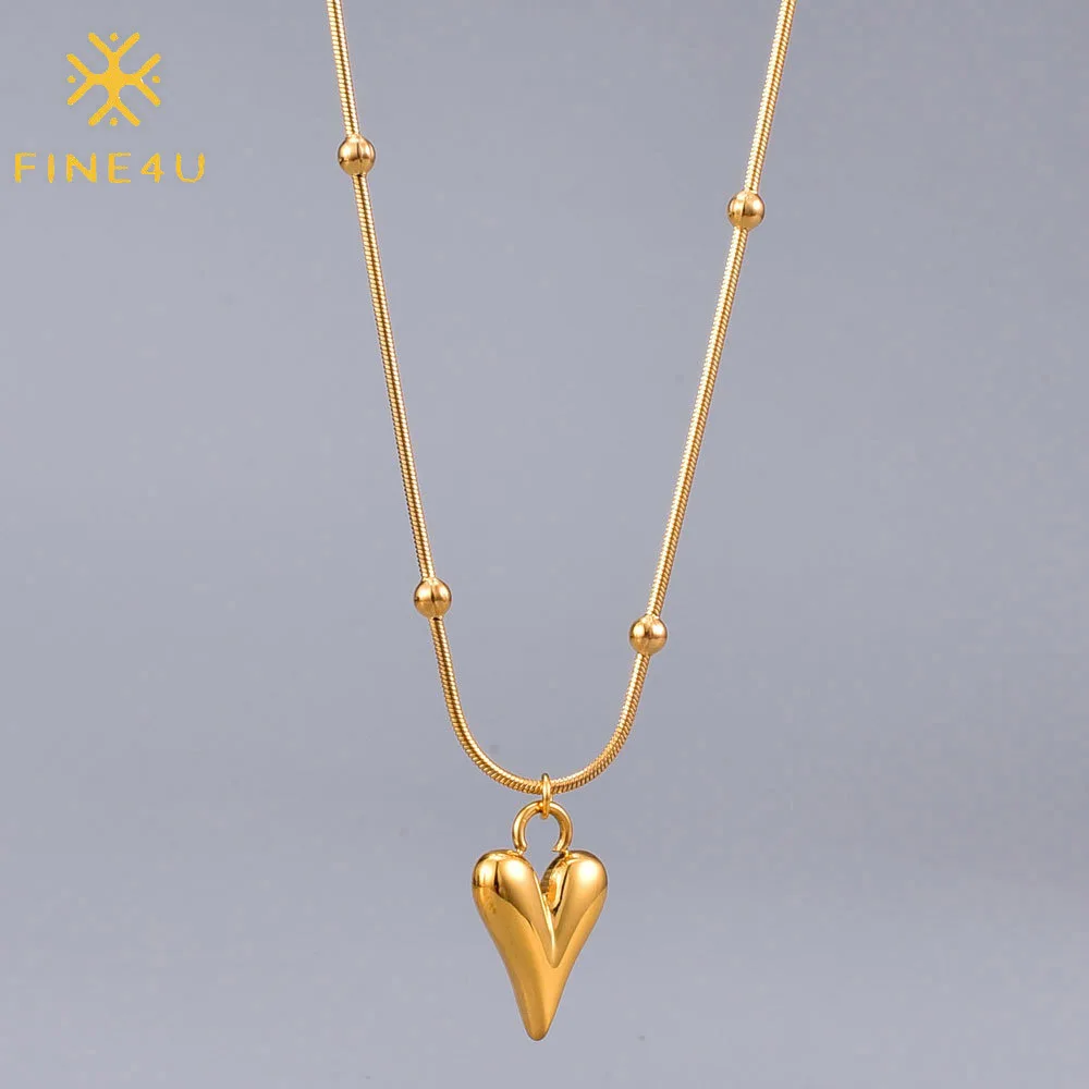 

Wholesale fashion women stainless steel heart shape pendant beaded snake chain gold plated necklace beads