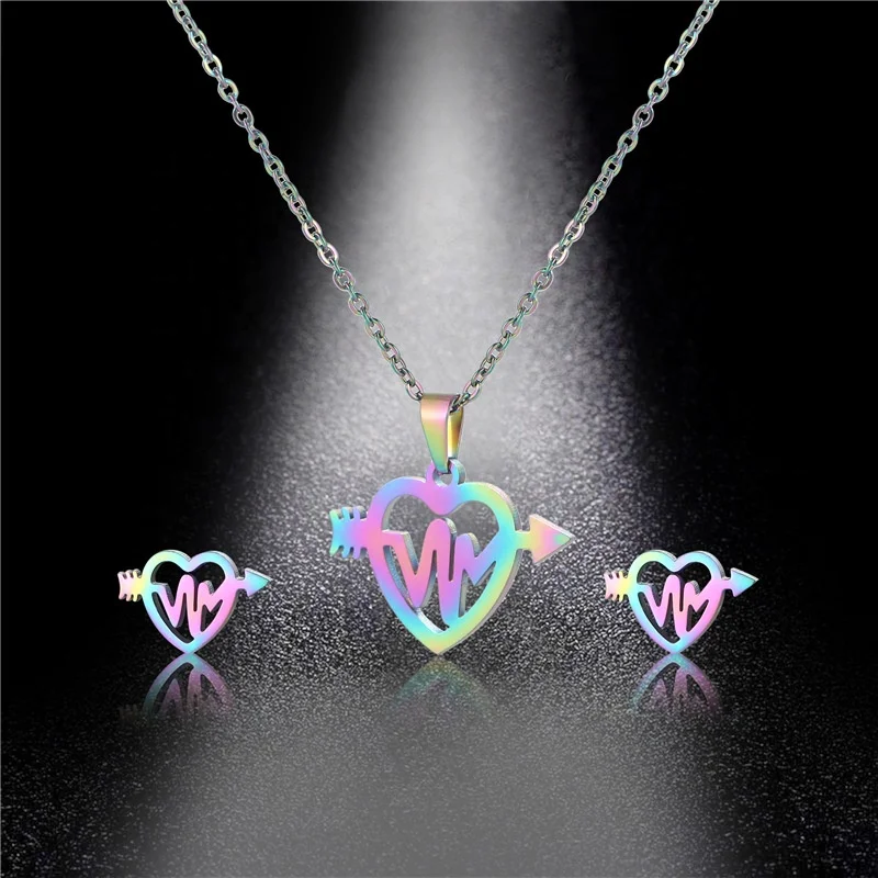 

Hot selling best quality Stainless steel dainty Colorful heart pendant necklace and earring jewelry set for women