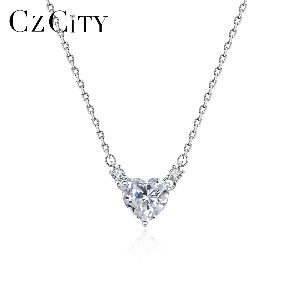 

CZCITY CZ Stone Sterling Silver Chain Diamond S925 Woman Jewelry Iced Out Fashion Heart Pendant Necklace