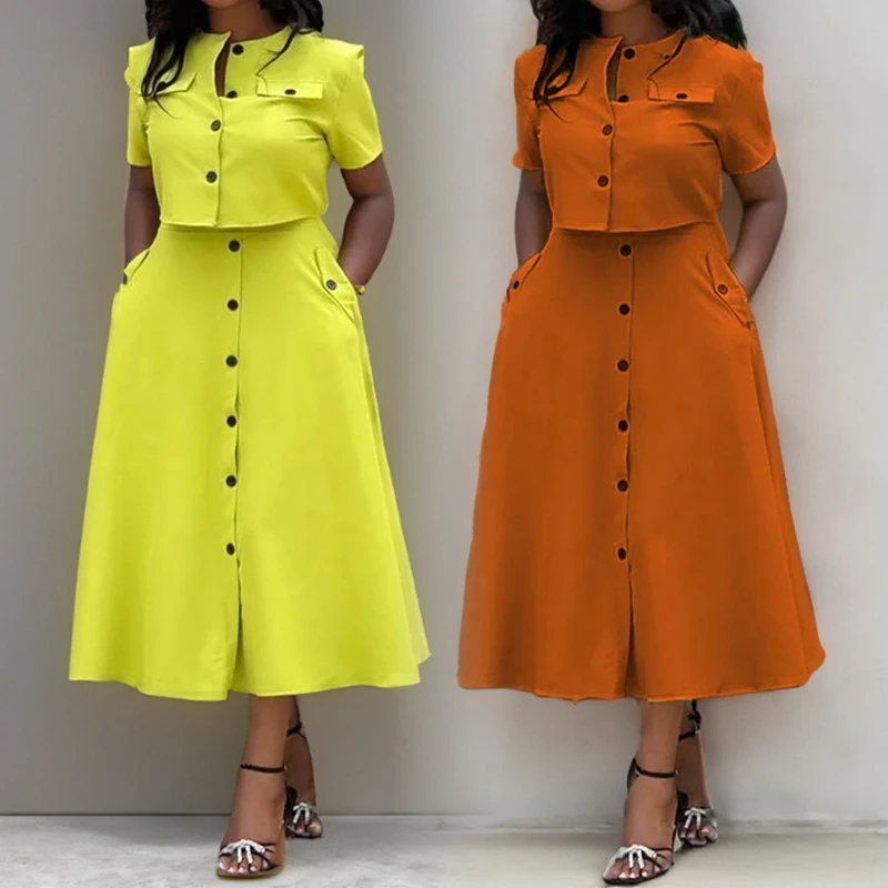 Summer Women Clothing Ladies Casual O Neck Short Sleeve Shirt Crop Top High Waist Button Half Skirt Two Piece Women's Sets