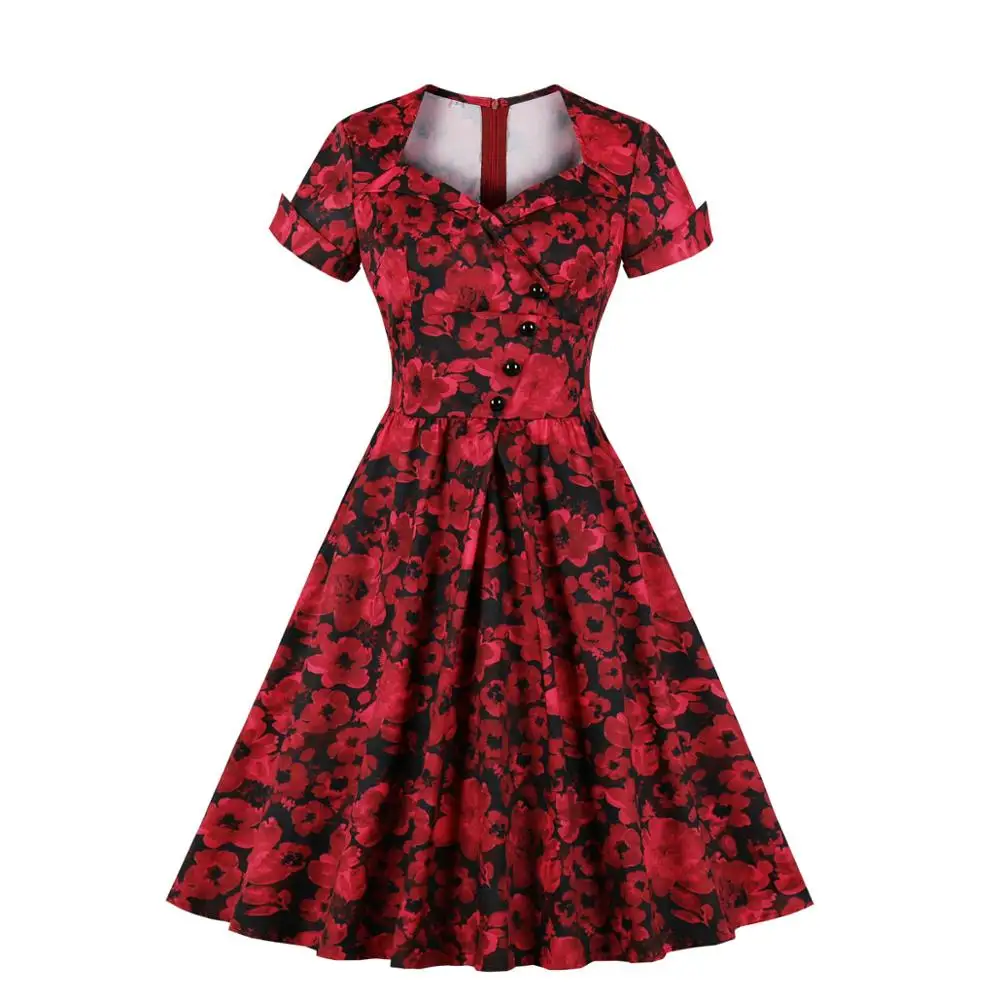 

V-neck printing flowers buttons short sleeves woman vintage dress2073
