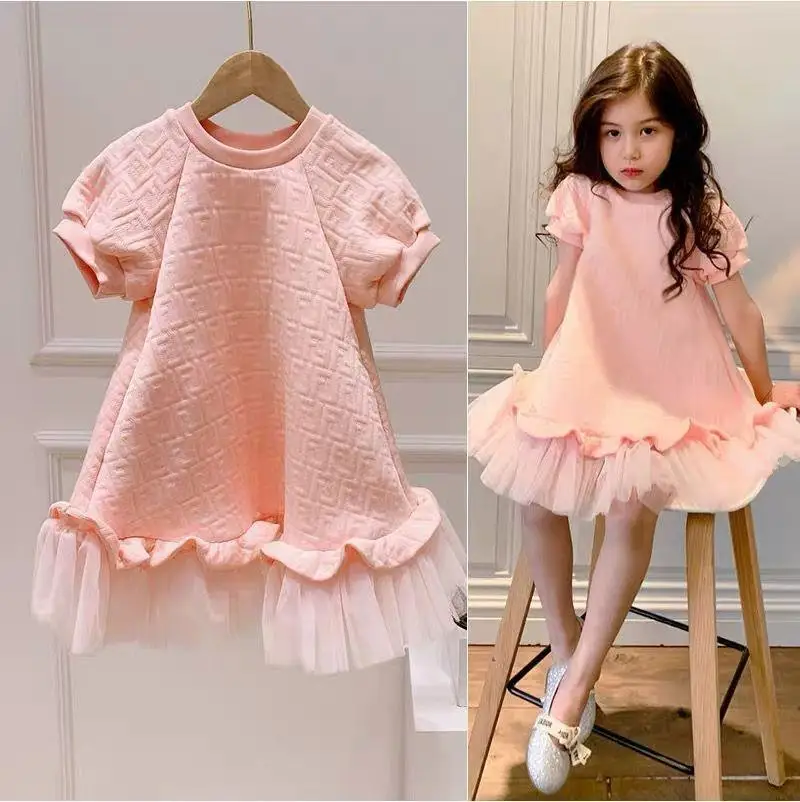 

New Girls Summer Short Puff Sleeve Solid Tulle T-shirt Dress Clothing For Kids, Picture shows
