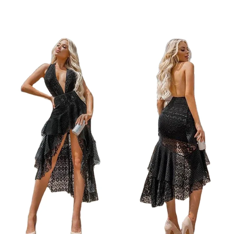

Black Deep V-neck Ruffles Beach Dress