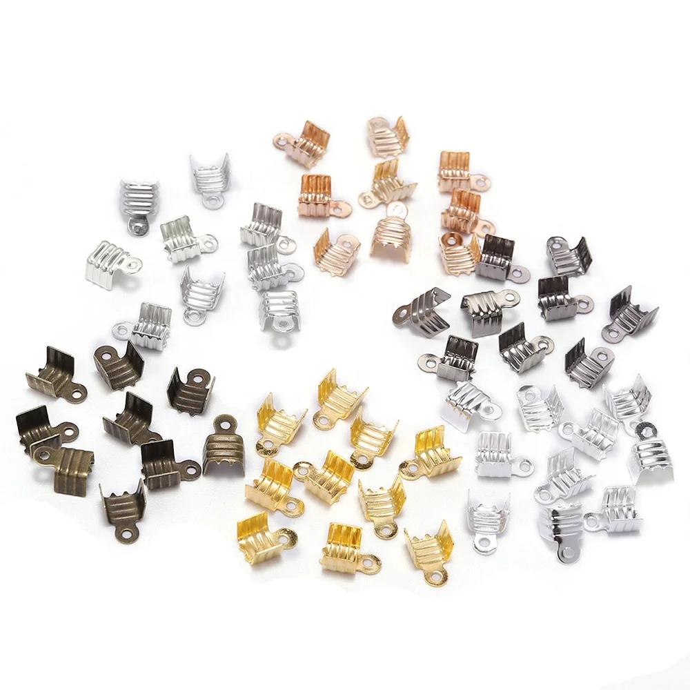 

200pcs Gold Silver Small Cord End Tip Fold Over Threewire Clasp Crimp Bead Cord Buckle Connector For Jewelry Making Supplies DIY, Antique bronze/gold/silver/rhodium/kc gold/