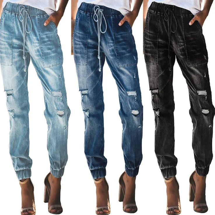 

New Arrivals Harem Pants Drawstring With Pockets Water Wash Lace Up Jeans Ladies Stylish High Waist Rip Jeans For Women, As pictures