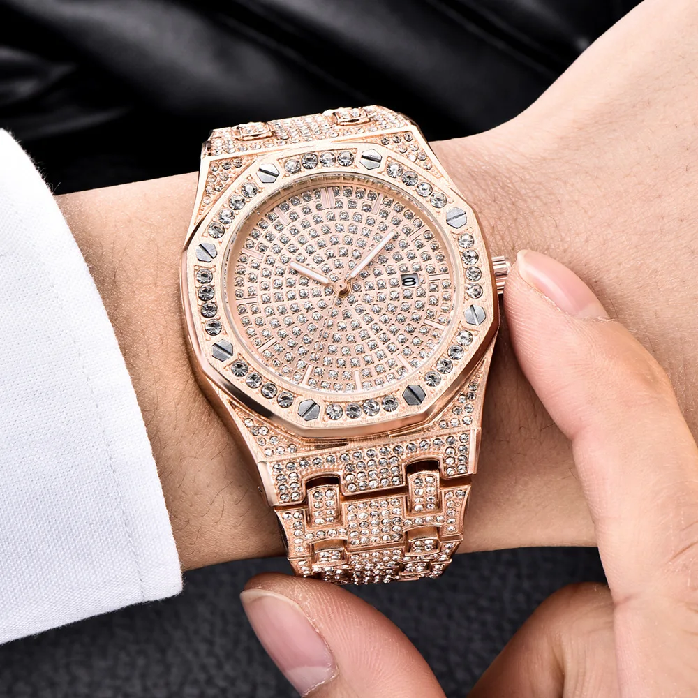 

Hot Selling Fashion Stainless Steel Full Diamond Hip-hop Calendar Quartz Watch For Men