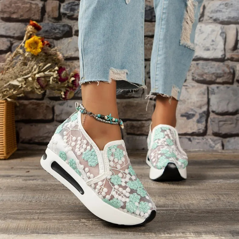

2023 spring new lace mesh gauze leisure high heels women casual shoes