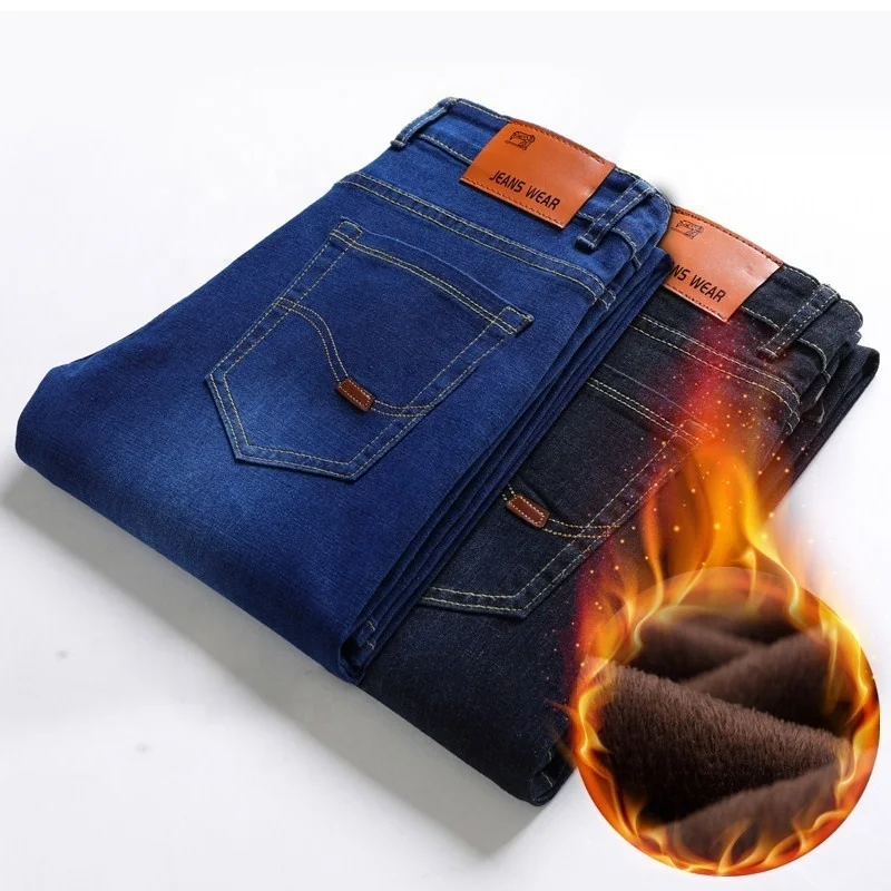 

Men's Winter Thermal Warm Fleece Straight Fit Jeans High Quality Fleece Flocking Stretch Denim Jeans Pants, 2 color