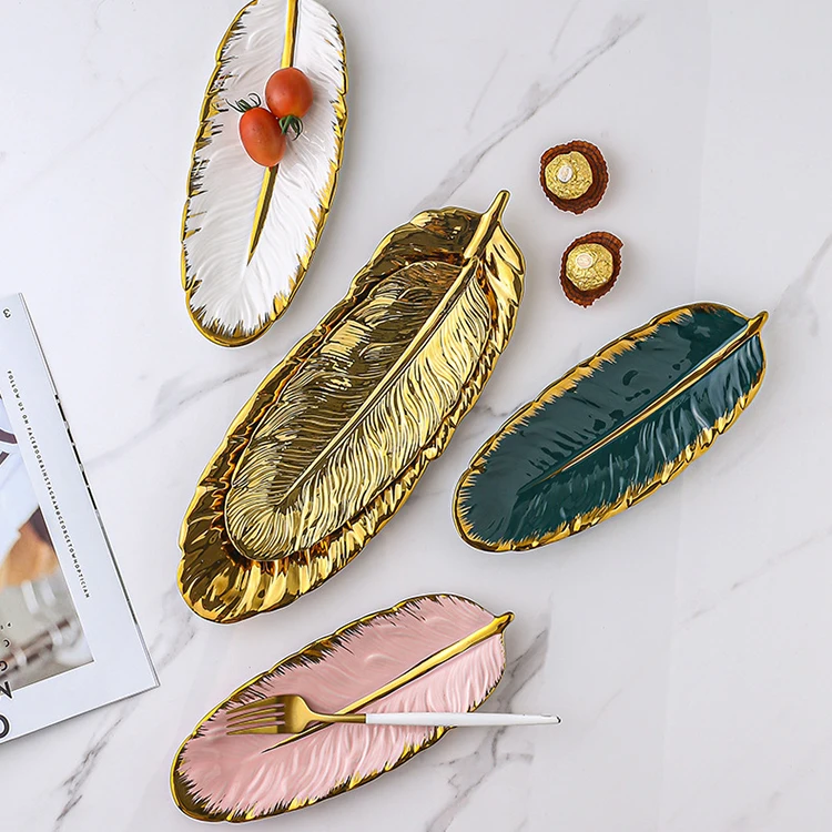 

Multi Colors Wedding Decorative Feather Shape Nordic Luxury Ceramic Decoration Serving Plate Jewelry Trays, Customized color