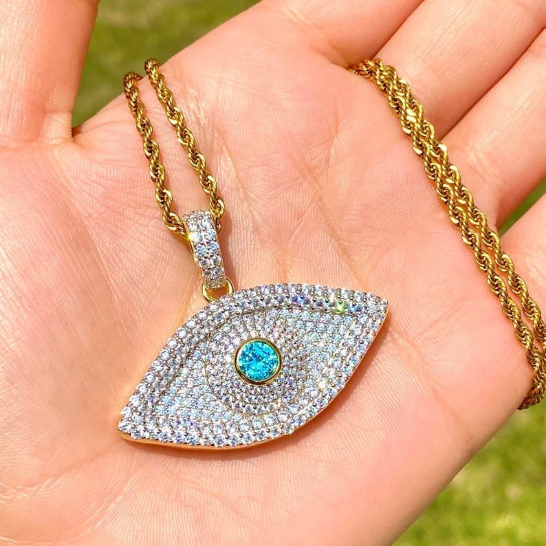 

Classic big large blue eye shape pendant with box chain rope chain tennis chain paved hip hop necklace jewelry for women lady, As pic