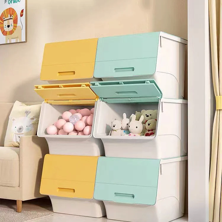 

Plastic durable oblique mouth open flip cover superimposed clothing toy storage box for children