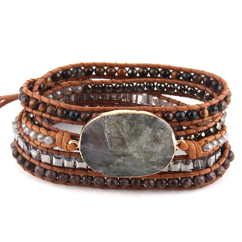 

Fashion Beaded Handmade Natural Gemstone Crystal labradonite Friendship bracelets 5 Strands Wrap Bracelets