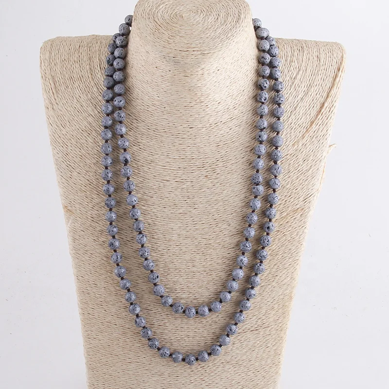 

Good Sales 8mm  Knotted Natural Volcano 4 colours Stone Long Double Wrap Necklace, 4 colour