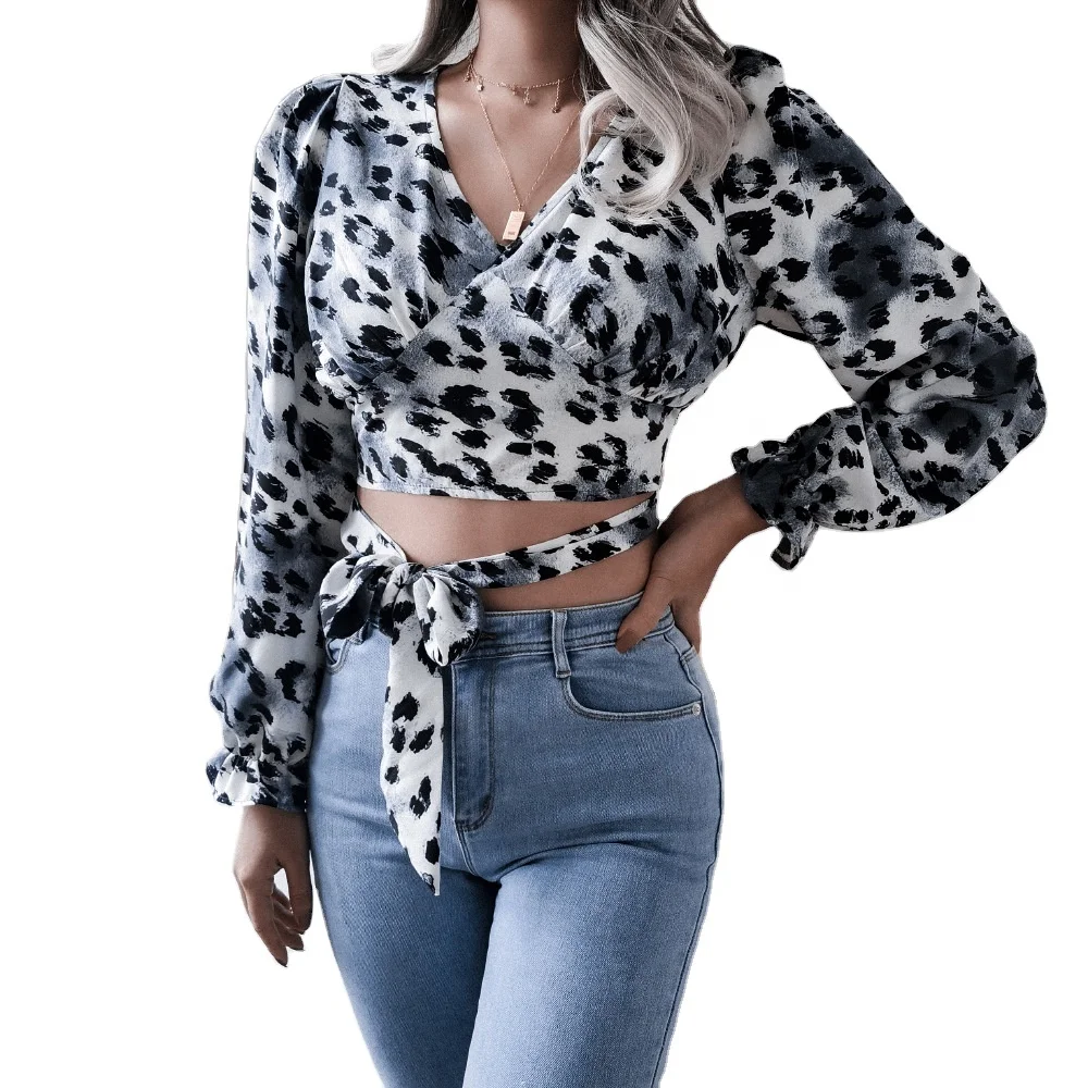 

2021NEW Design Fashion Spring Leopard Print V-neck Long Sleeve Belted Bow Short Blouse Women Crop Top Chiffon Shirts