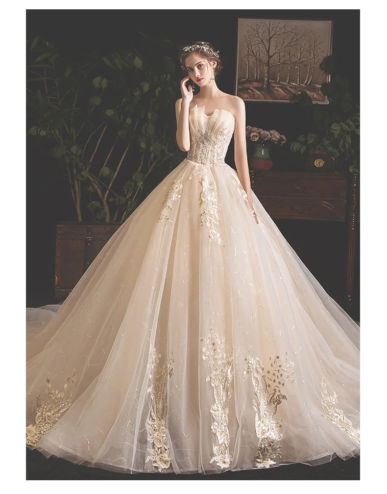 

Champagne Lace elegant wedding dress Sleeves Bridal Gown Off Shoulder wedding dresses